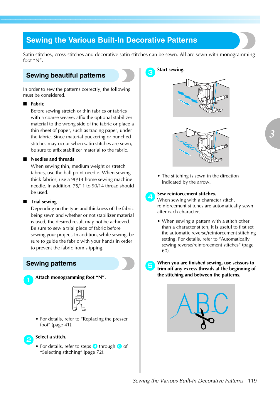 Sewing the various built-in decorative patterns, Sewing beautiful patterns, Sewing patterns | Brother NX-450 User Manual | Page 120 / 155
