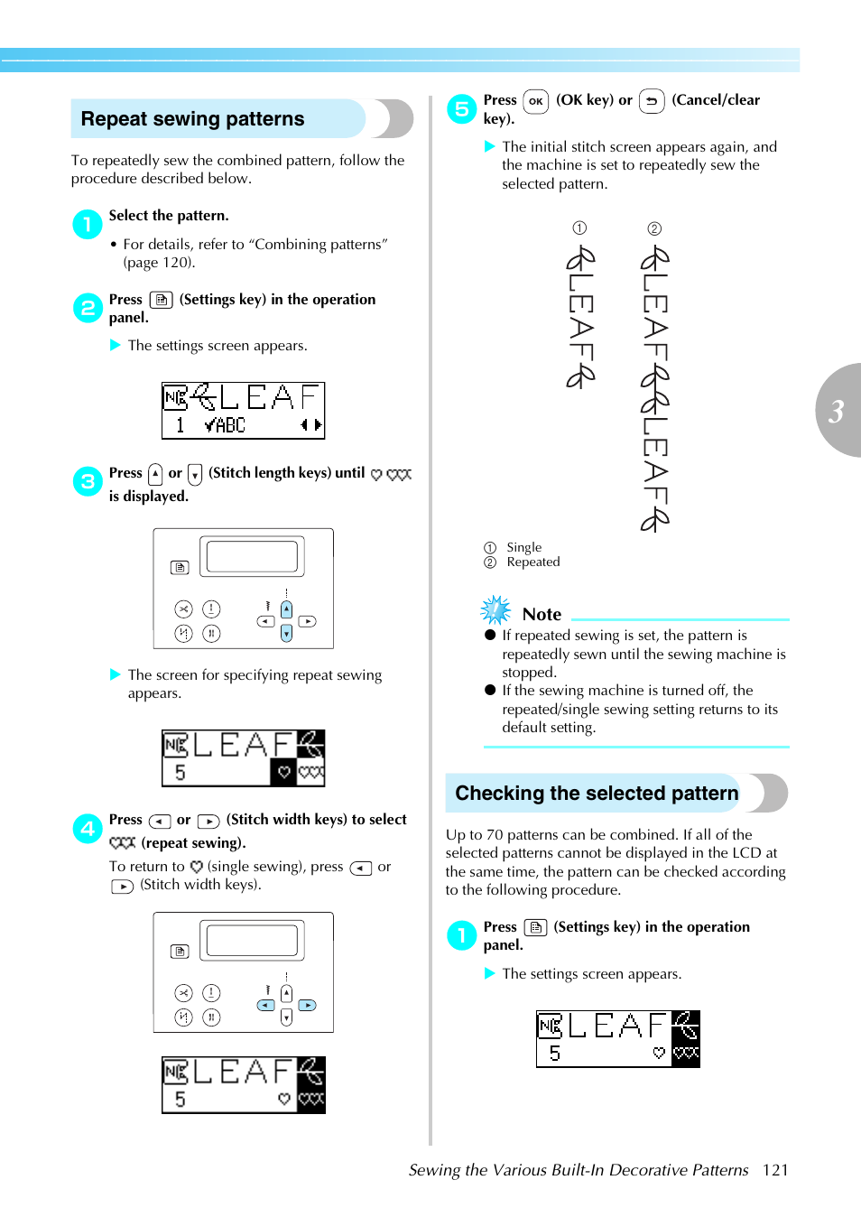 Repeat sewing patterns, Checking the selected pattern | Brother NX-450 User Manual | Page 122 / 155