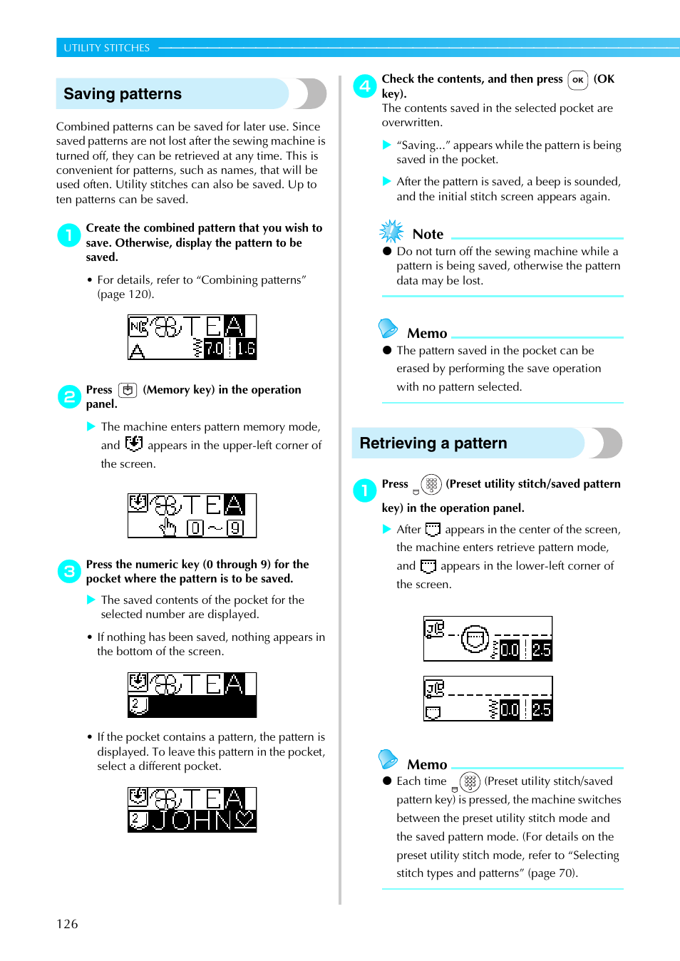 Saving patterns, Retrieving a pattern | Brother NX-450 User Manual | Page 127 / 155