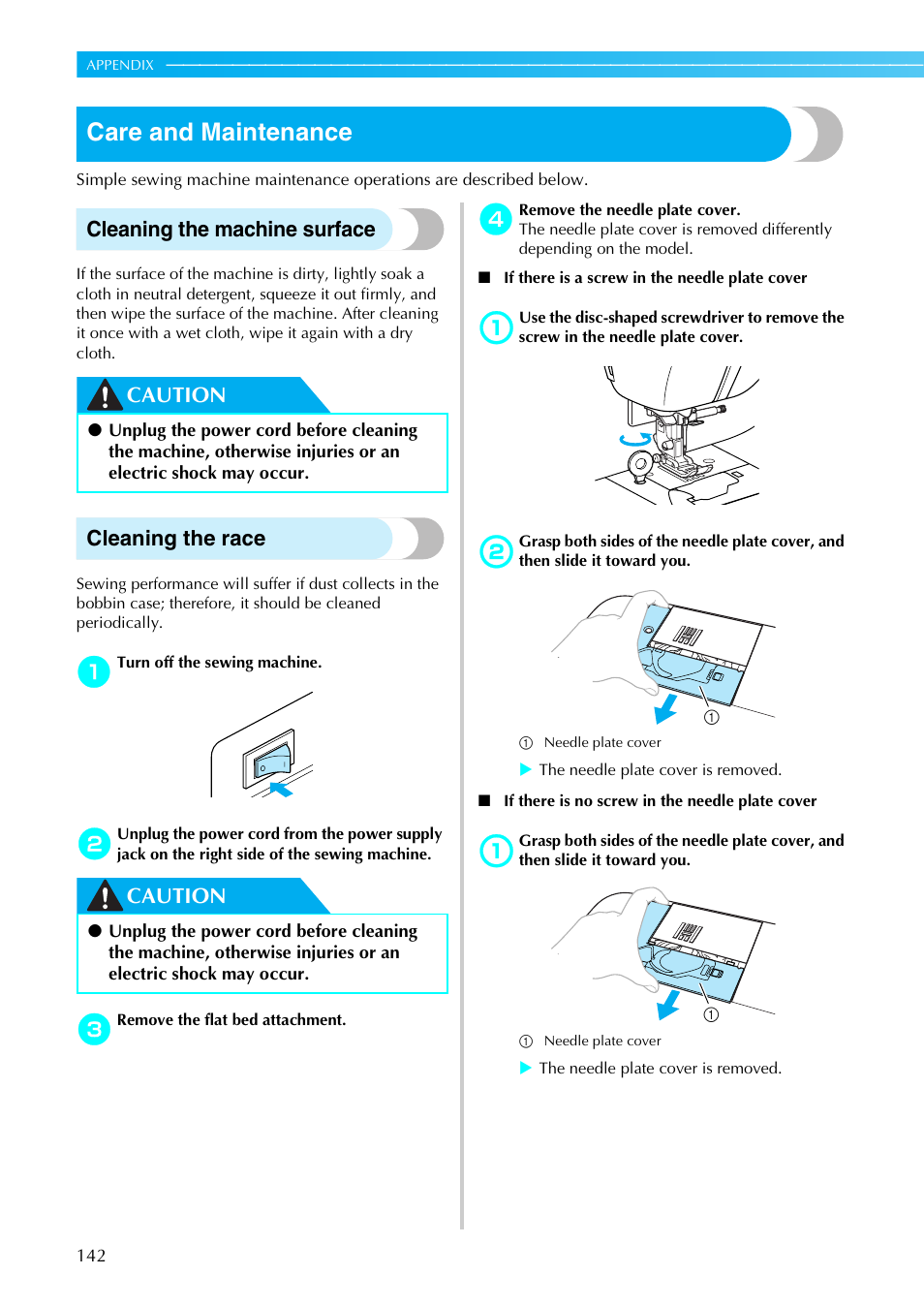 Care and maintenance, Cleaning the machine surface, Caution cleaning the race | Caution | Brother NX-450 User Manual | Page 143 / 155
