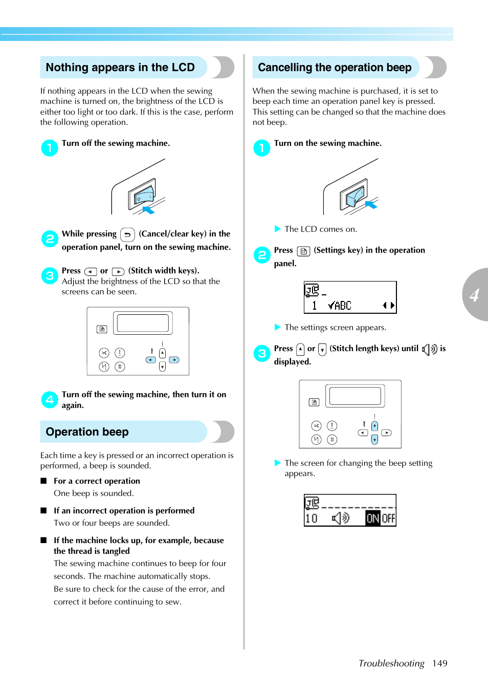 Nothing appears in the lcd, Operation beep, Cancelling the operation beep | Brother NX-450 User Manual | Page 150 / 155