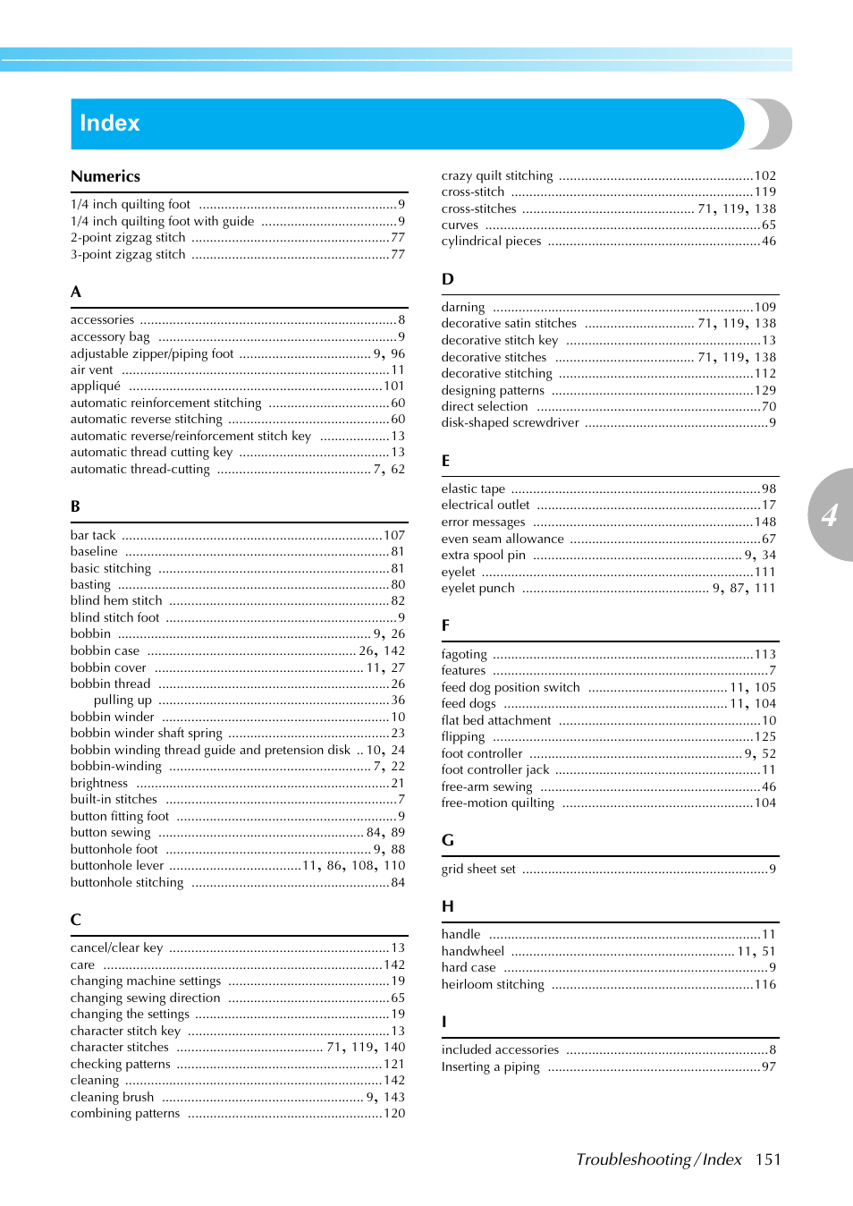 Index | Brother NX-450 User Manual | Page 152 / 155