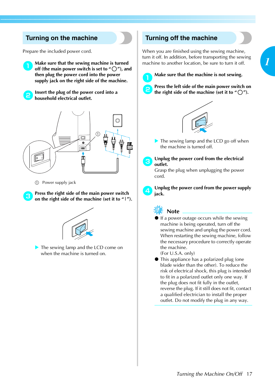 Turning on the machine, Turning off the machine | Brother NX-450 User Manual | Page 18 / 155