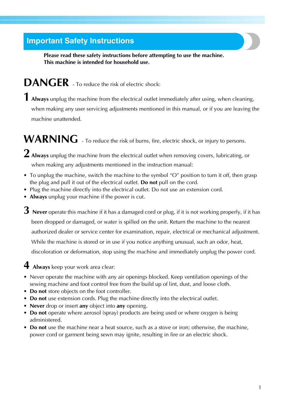 Danger, Warning | Brother NX-450 User Manual | Page 2 / 155
