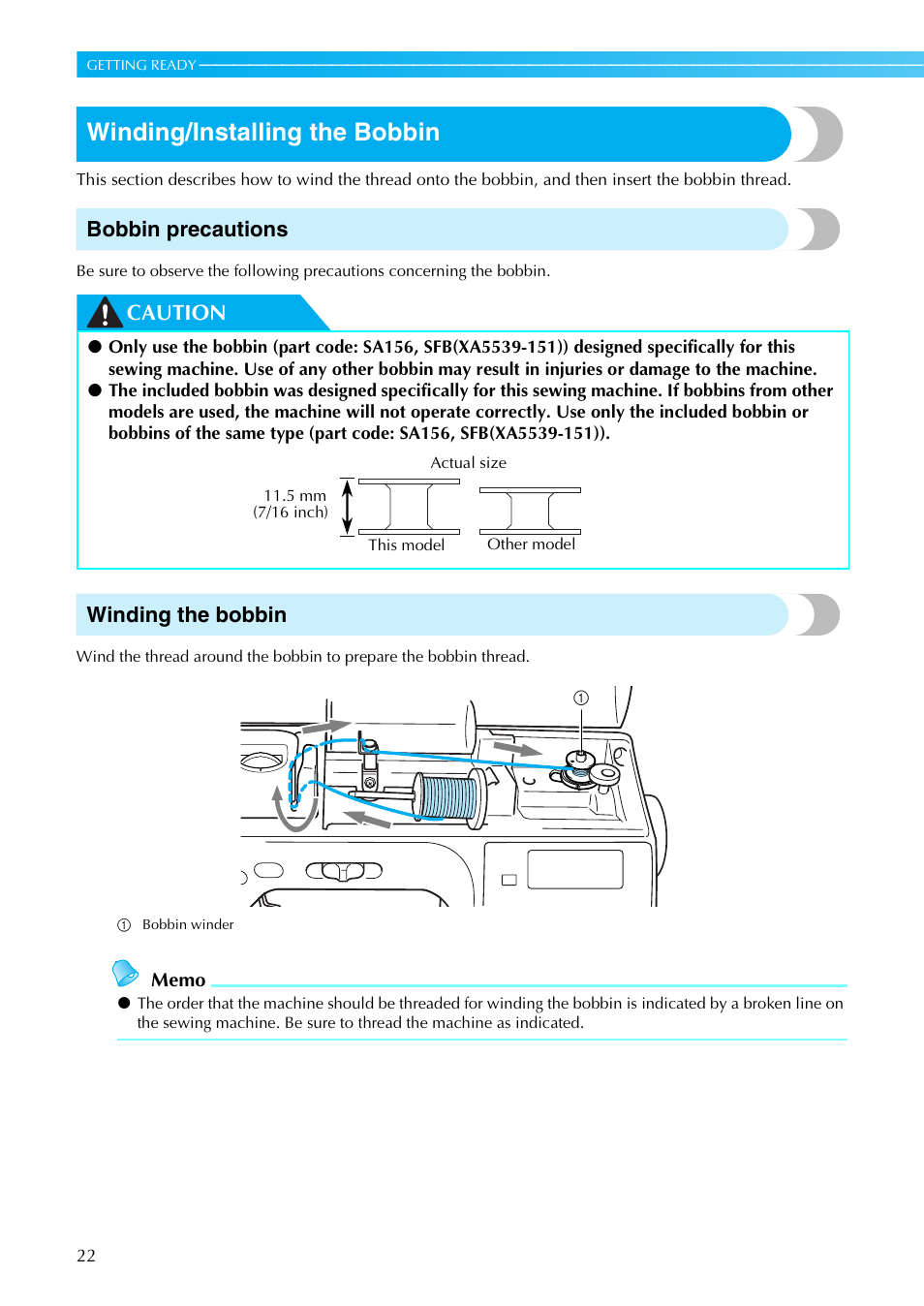 Winding/installing the bobbin, Bobbin precautions, Caution winding the bobbin | Brother NX-450 User Manual | Page 23 / 155