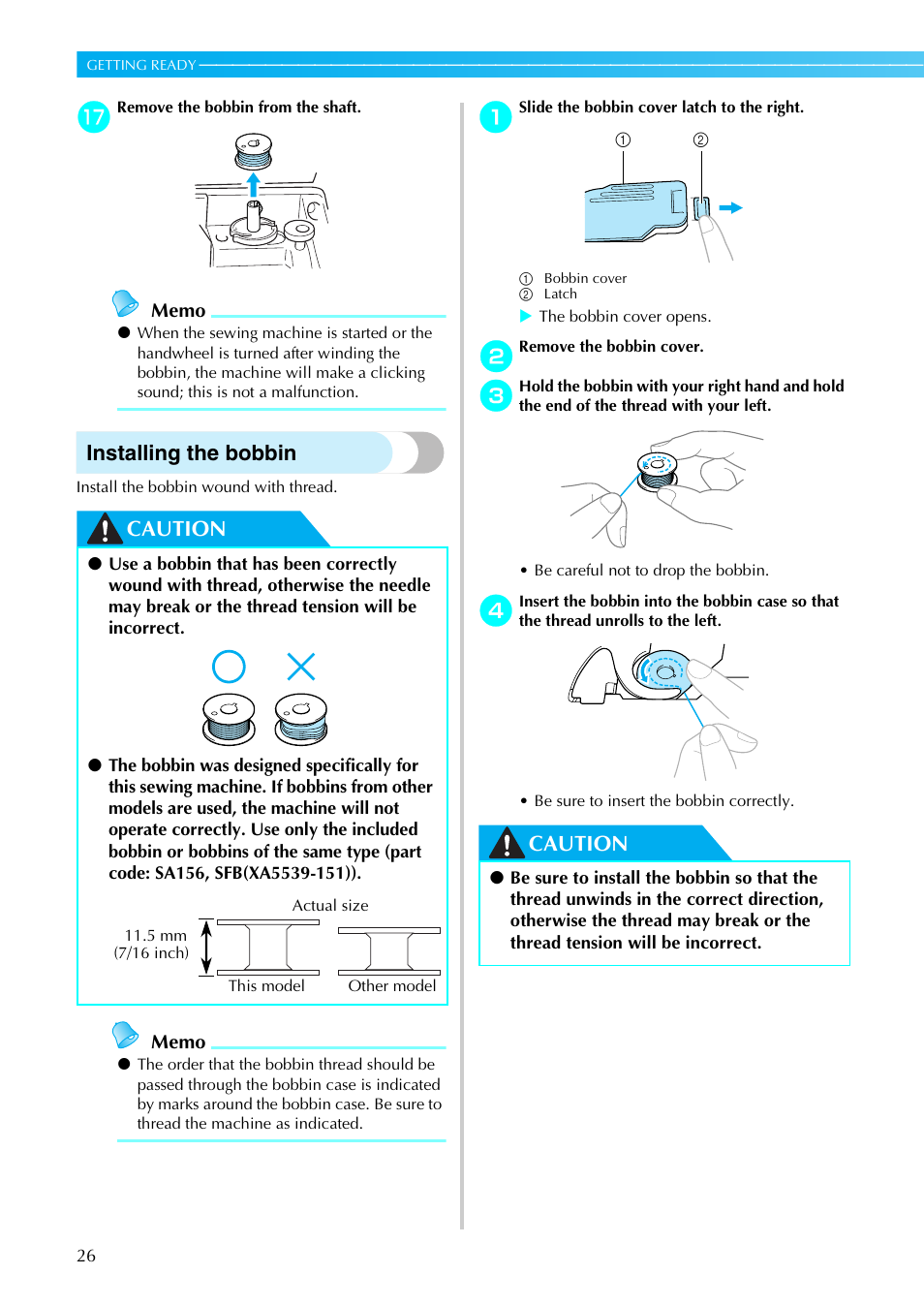 Installing the bobbin, Caution | Brother NX-450 User Manual | Page 27 / 155