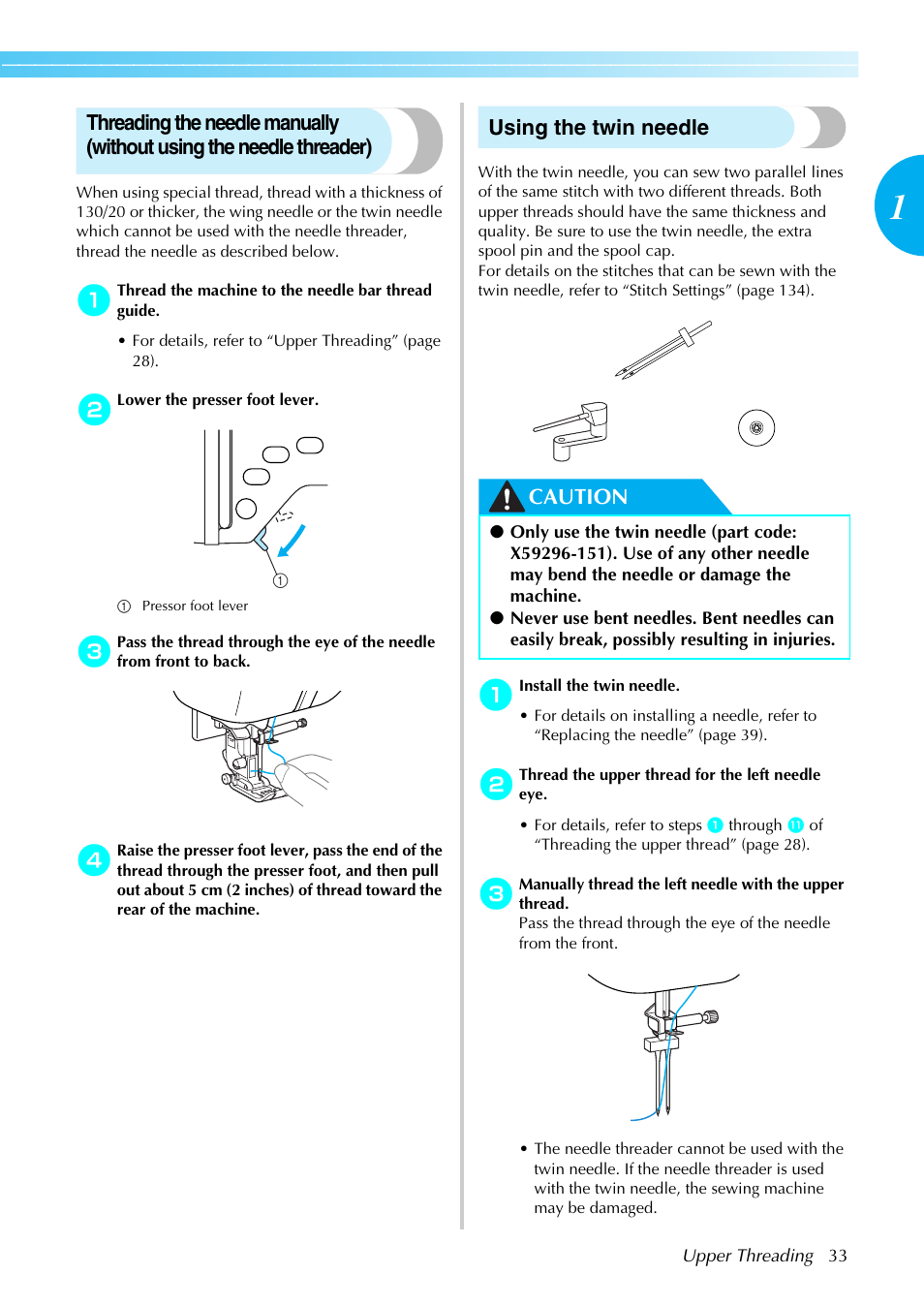 Using the twin needle, Caution | Brother NX-450 User Manual | Page 34 / 155