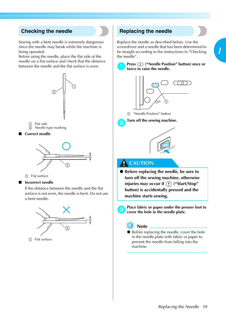 Checking the needle, Replacing the needle, Caution | Brother NX-450 User Manual | Page 40 / 155