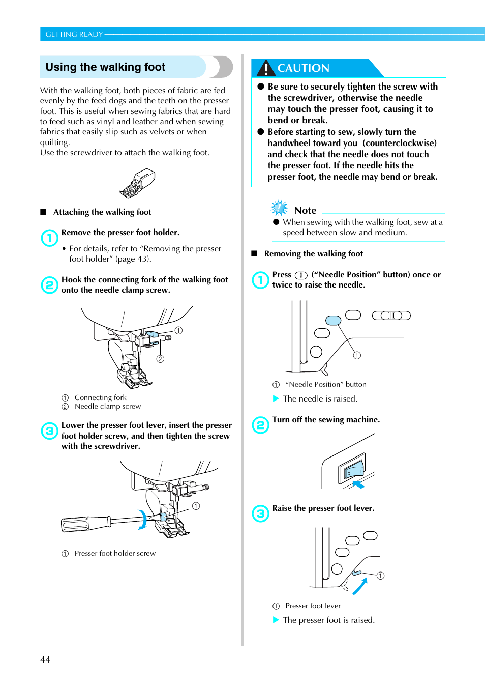 Using the walking foot, Caution | Brother NX-450 User Manual | Page 45 / 155