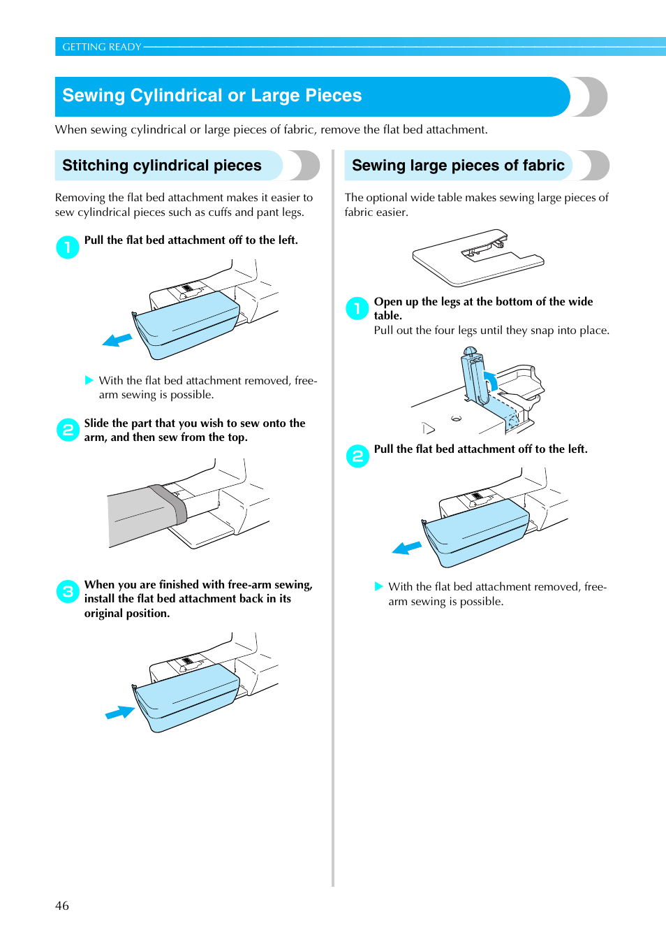 Sewing cylindrical or large pieces, Stitching cylindrical pieces, Sewing large pieces of fabric | Brother NX-450 User Manual | Page 47 / 155