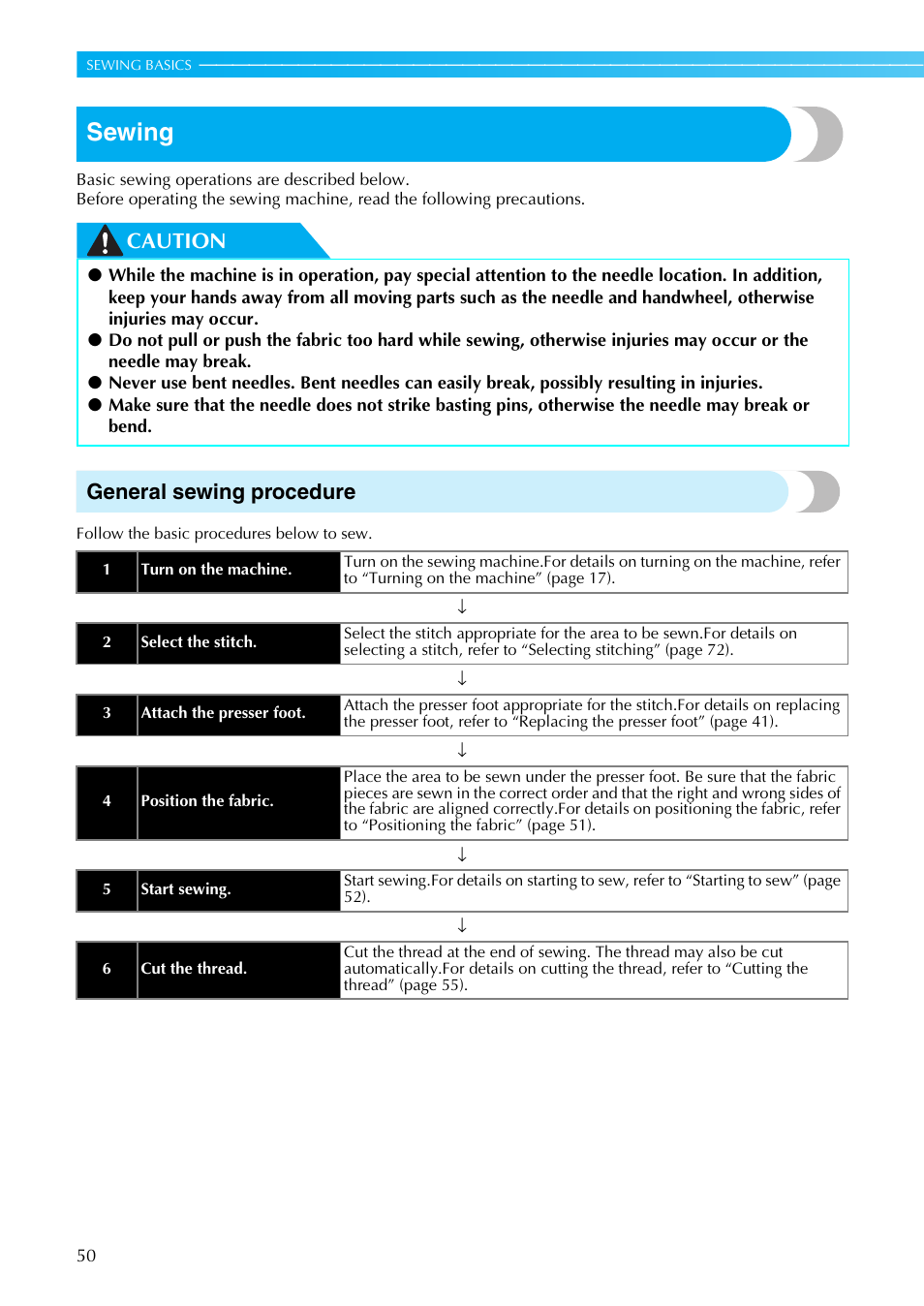 Sewing, Caution general sewing procedure | Brother NX-450 User Manual | Page 51 / 155