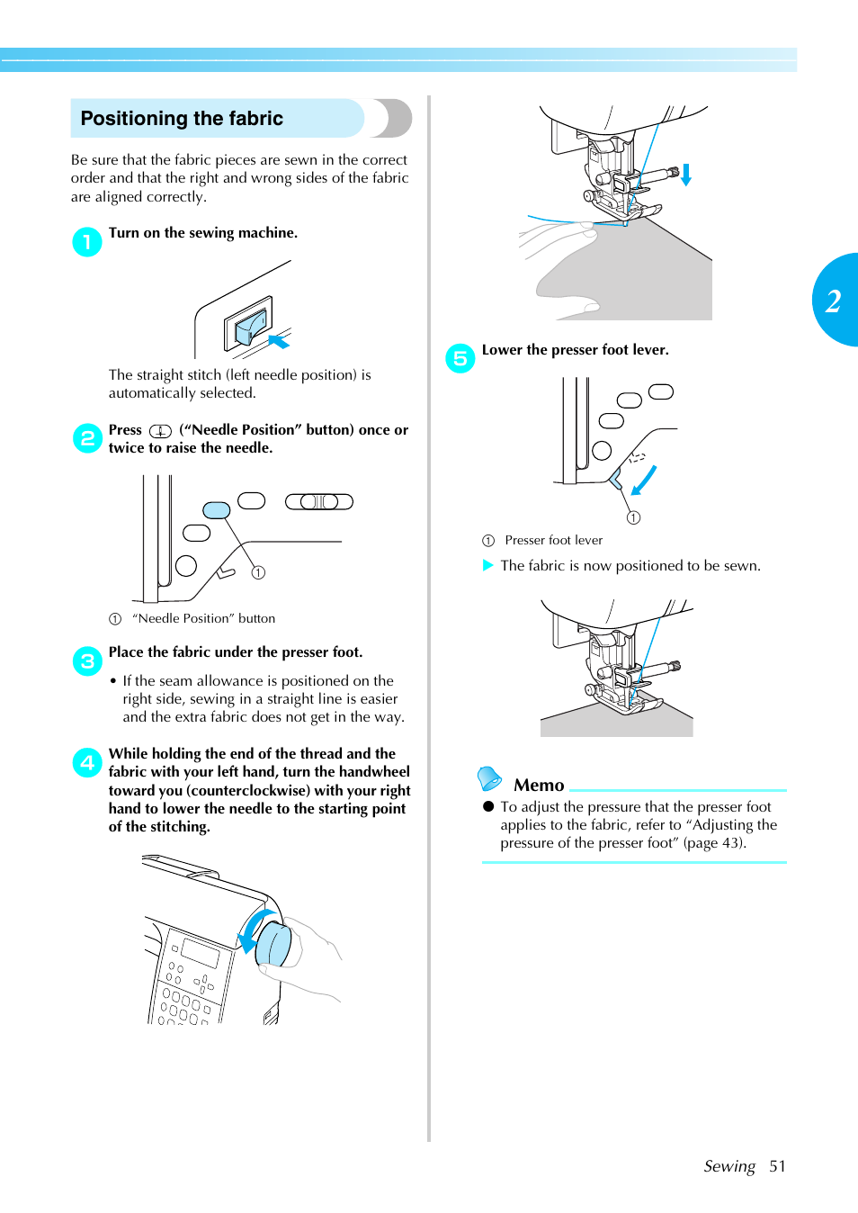 Positioning the fabric | Brother NX-450 User Manual | Page 52 / 155