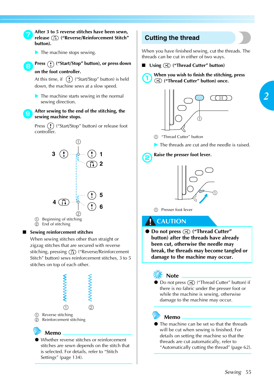 Cutting the thread, Caution | Brother NX-450 User Manual | Page 56 / 155