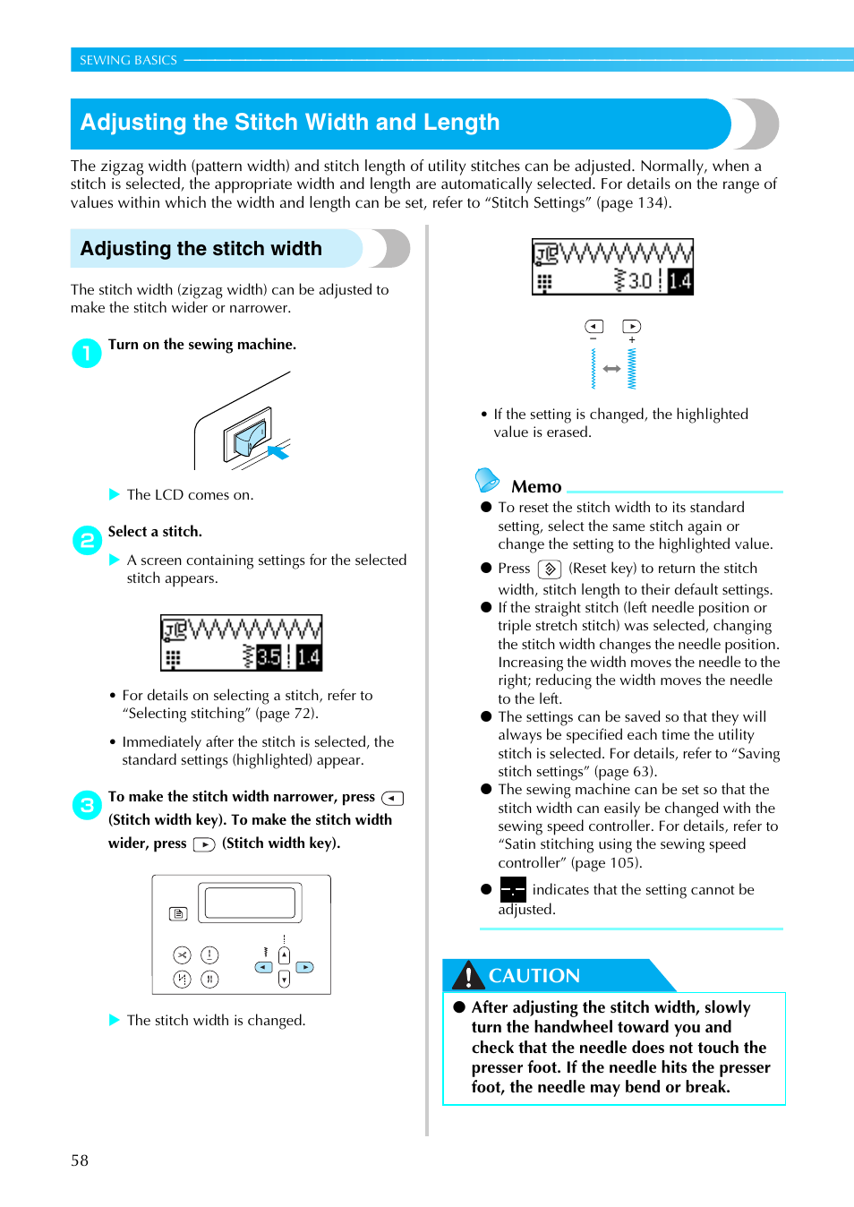 Adjusting the stitch width and length, Adjusting the stitch width, Caution | Brother NX-450 User Manual | Page 59 / 155