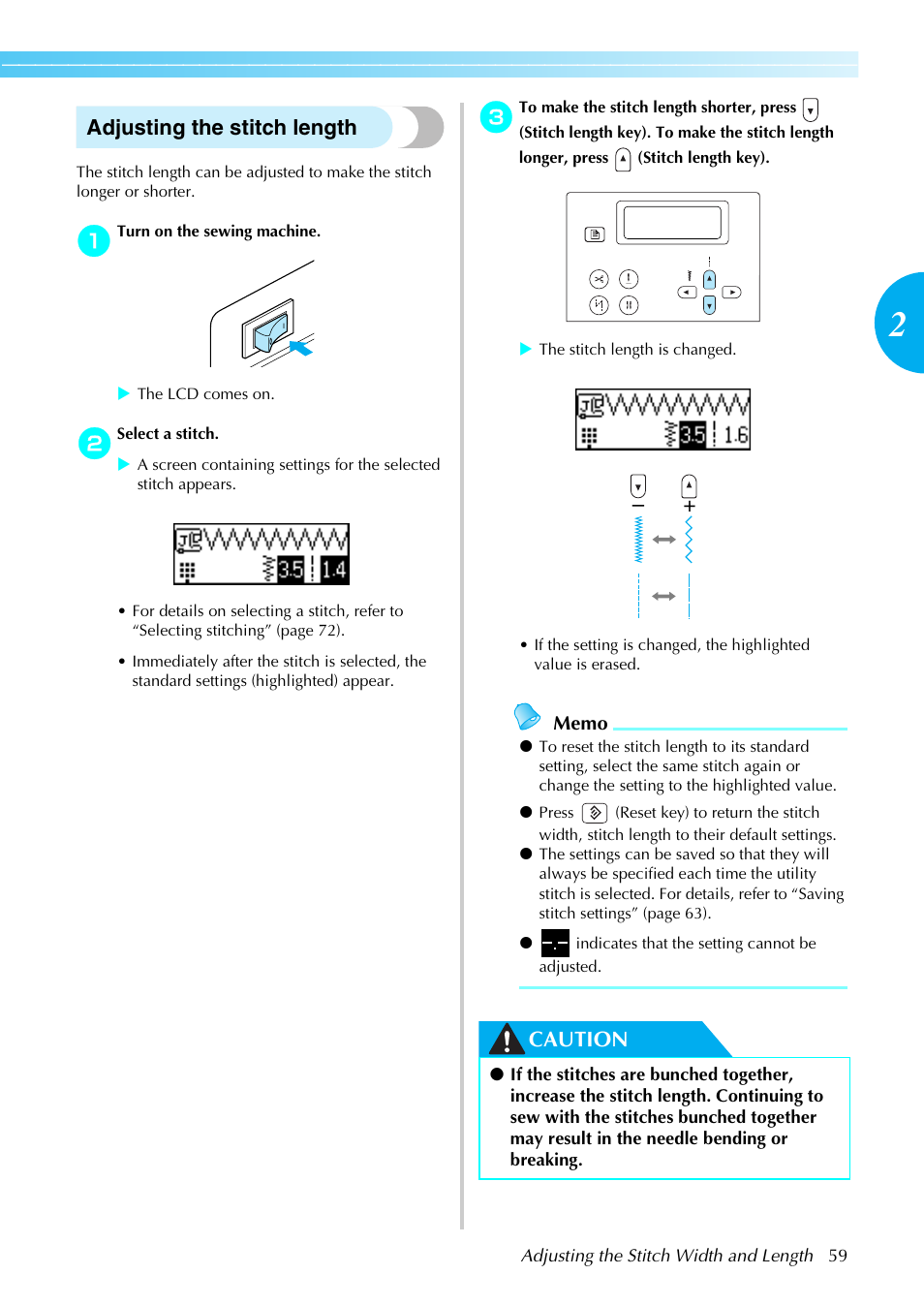 Adjusting the stitch length, Caution | Brother NX-450 User Manual | Page 60 / 155