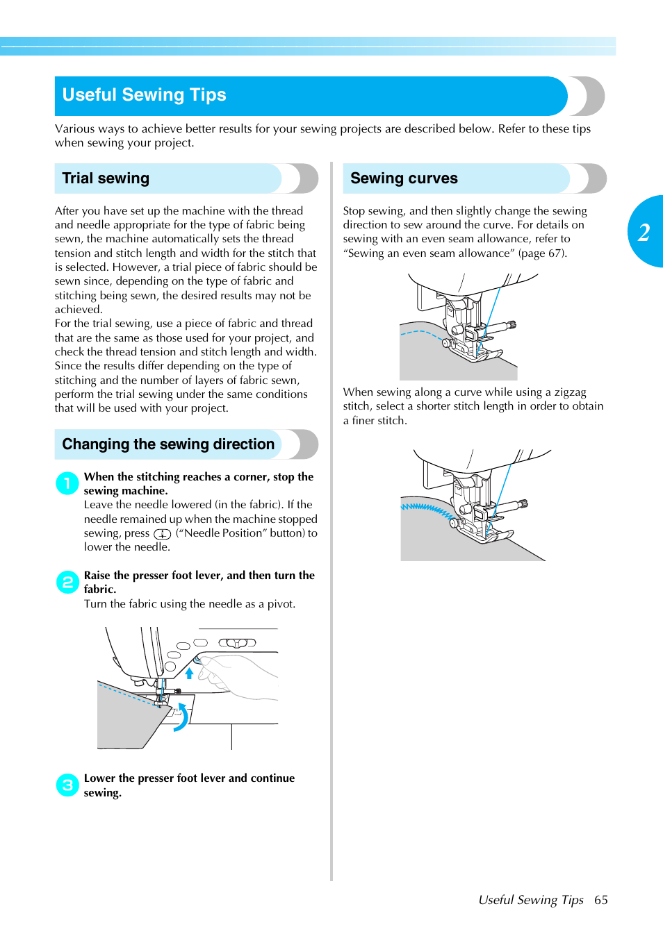 Useful sewing tips, Trial sewing, Changing the sewing direction | Sewing curves | Brother NX-450 User Manual | Page 66 / 155