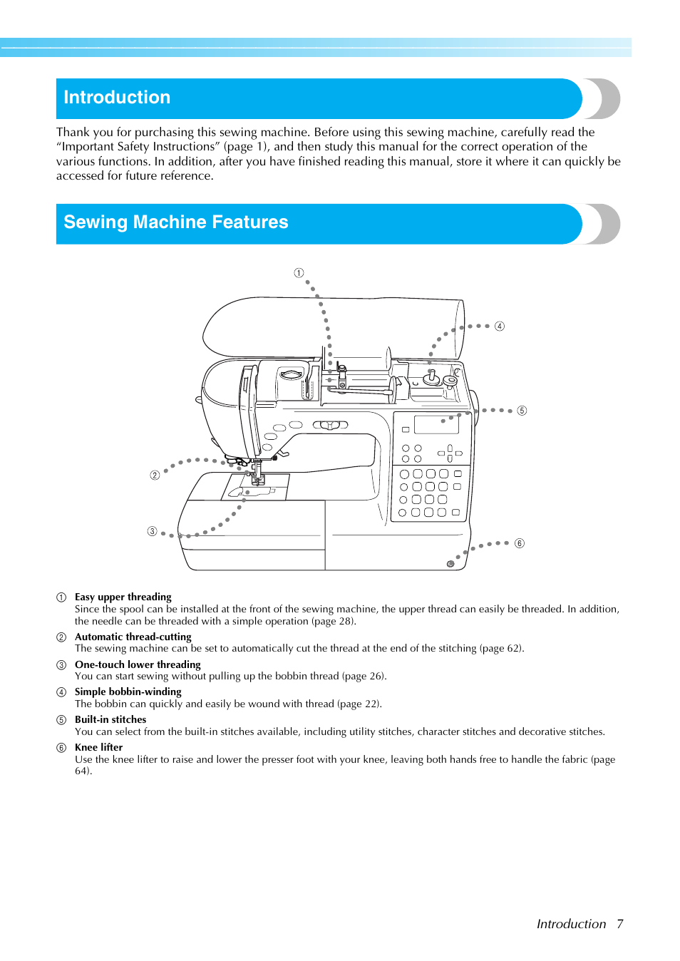Introduction, Sewing machine features | Brother NX-450 User Manual | Page 8 / 155