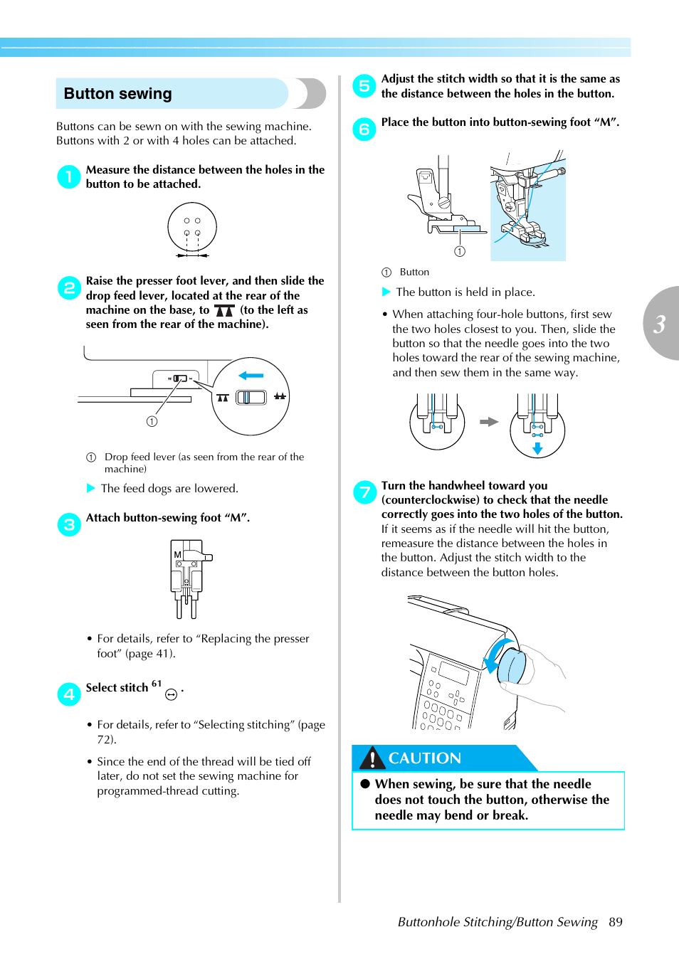 Button sewing, Caution | Brother NX-450 User Manual | Page 90 / 155