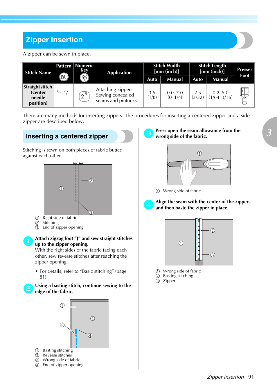 Zipper insertion, Inserting a centered zipper | Brother NX-450 User Manual | Page 92 / 155