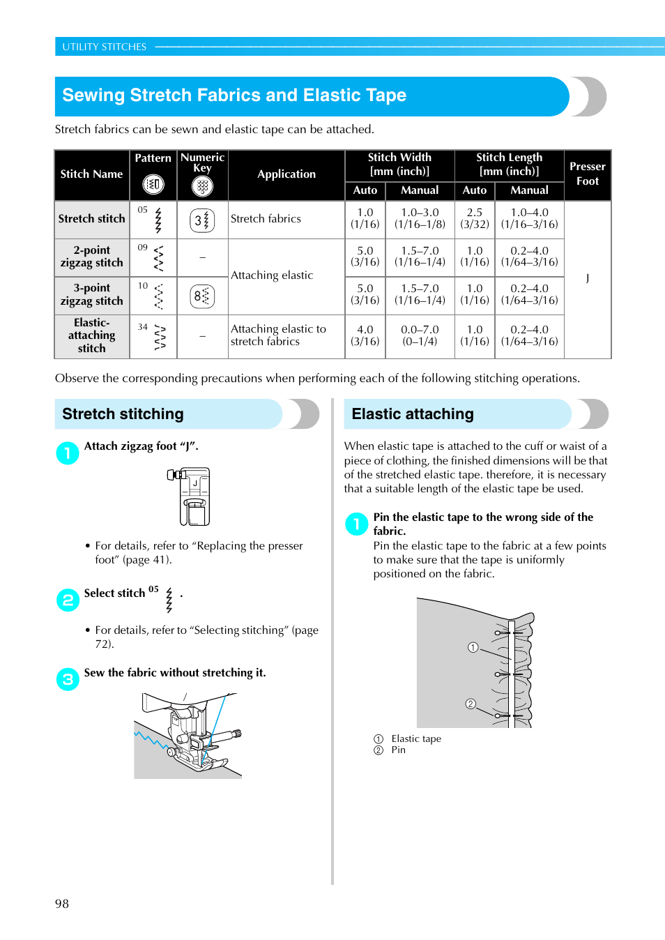 Sewing stretch fabrics and elastic tape, Stretch stitching, Elastic attaching | Brother NX-450 User Manual | Page 99 / 155