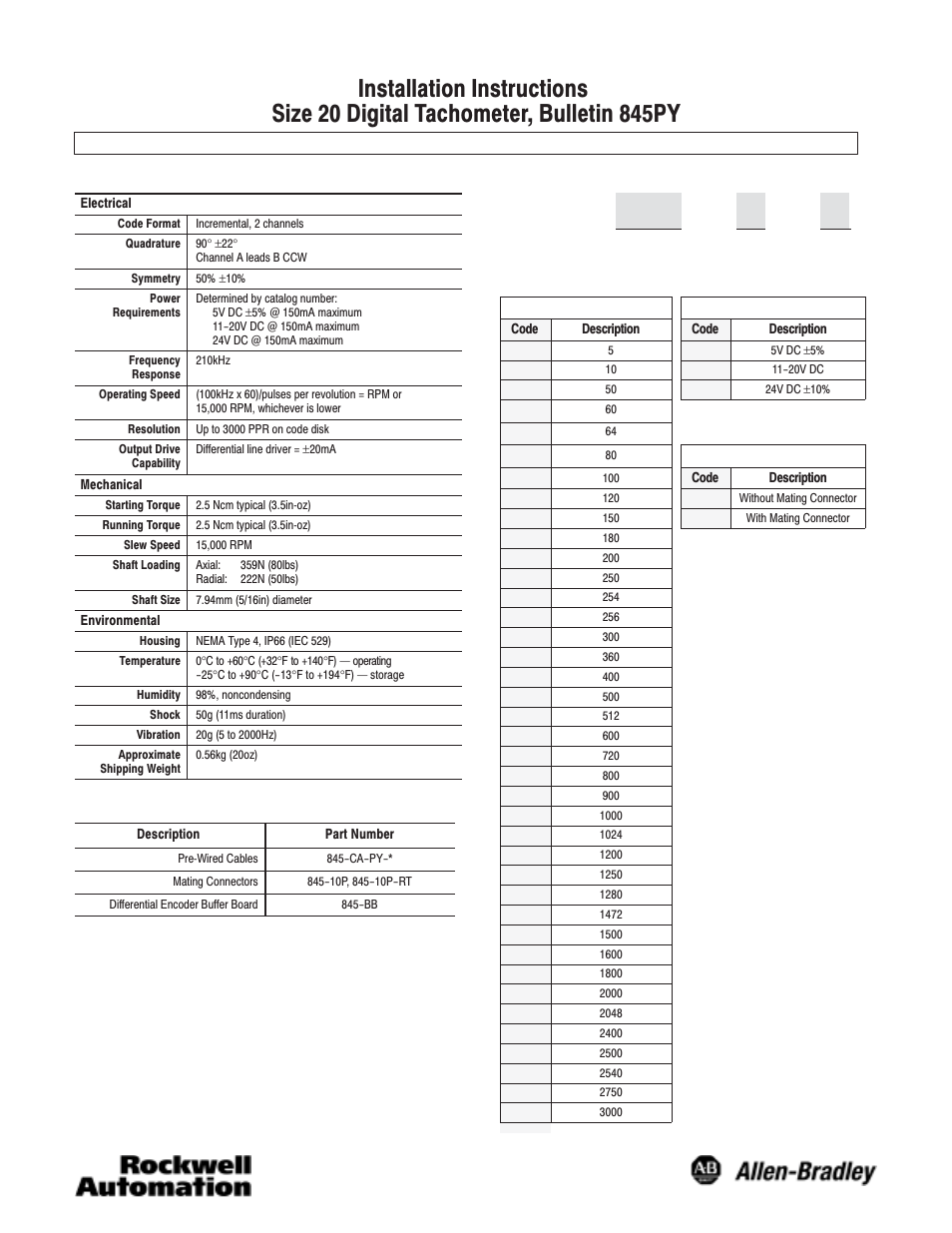 Rockwell Automation 845PY Digital Tachometer, Size 20 User Manual | 2 pages