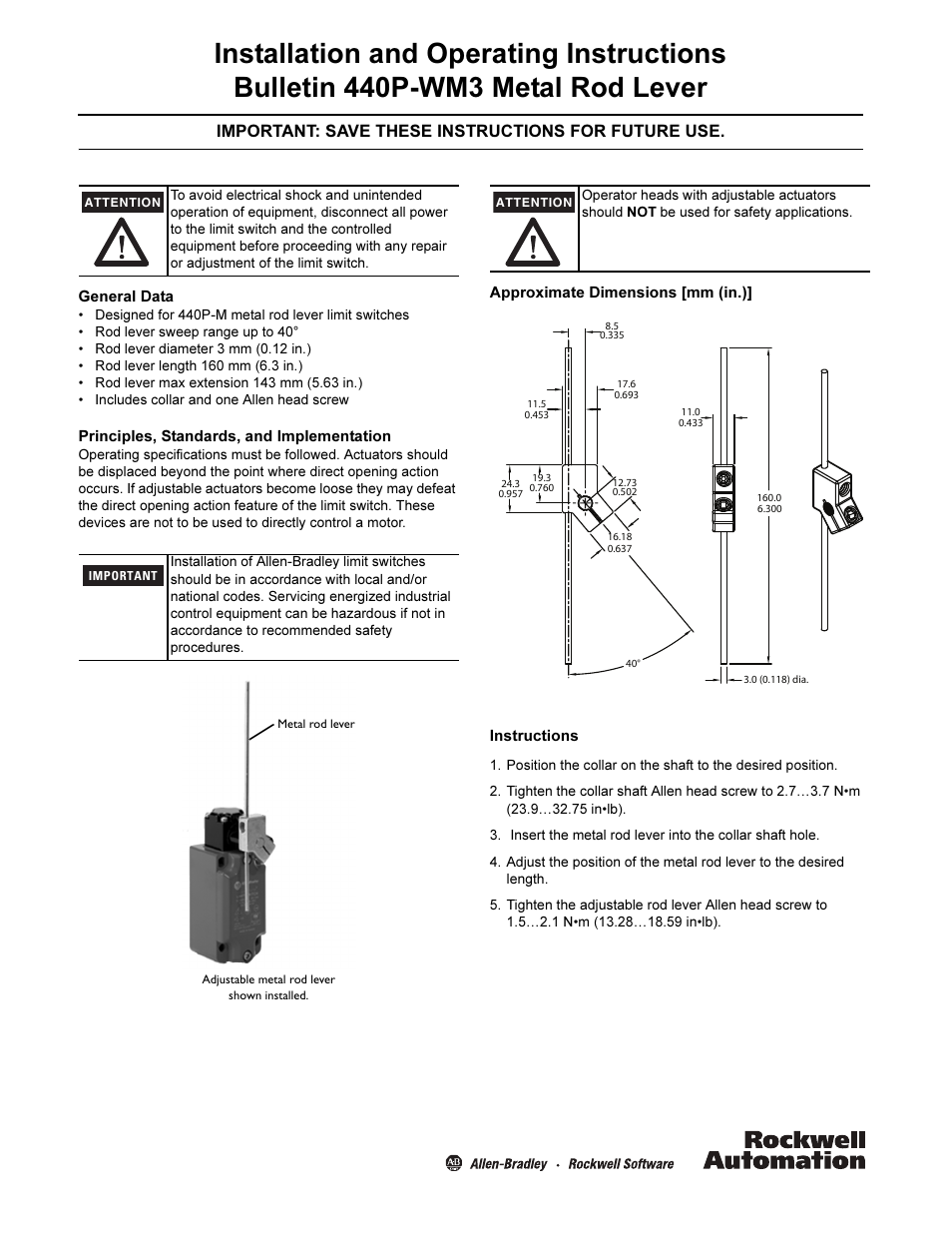Rockwell Automation 440P-WM3 Metal Rod Lever Installation/Operating Instructions User Manual | 2 pages