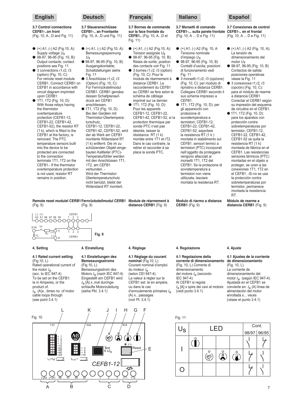 Led us, Cefb1-12, English deutsch français italiano español | Rockwell Automation 193-EIMD Electronic Motor Protection Relay User Manual | Page 7 / 16