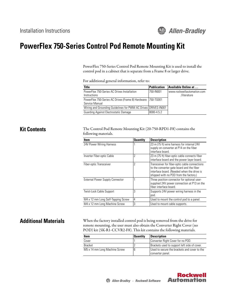 Rockwell Automation 21G 750-Series POD Remote Mounting Kit User Manual | 16 pages