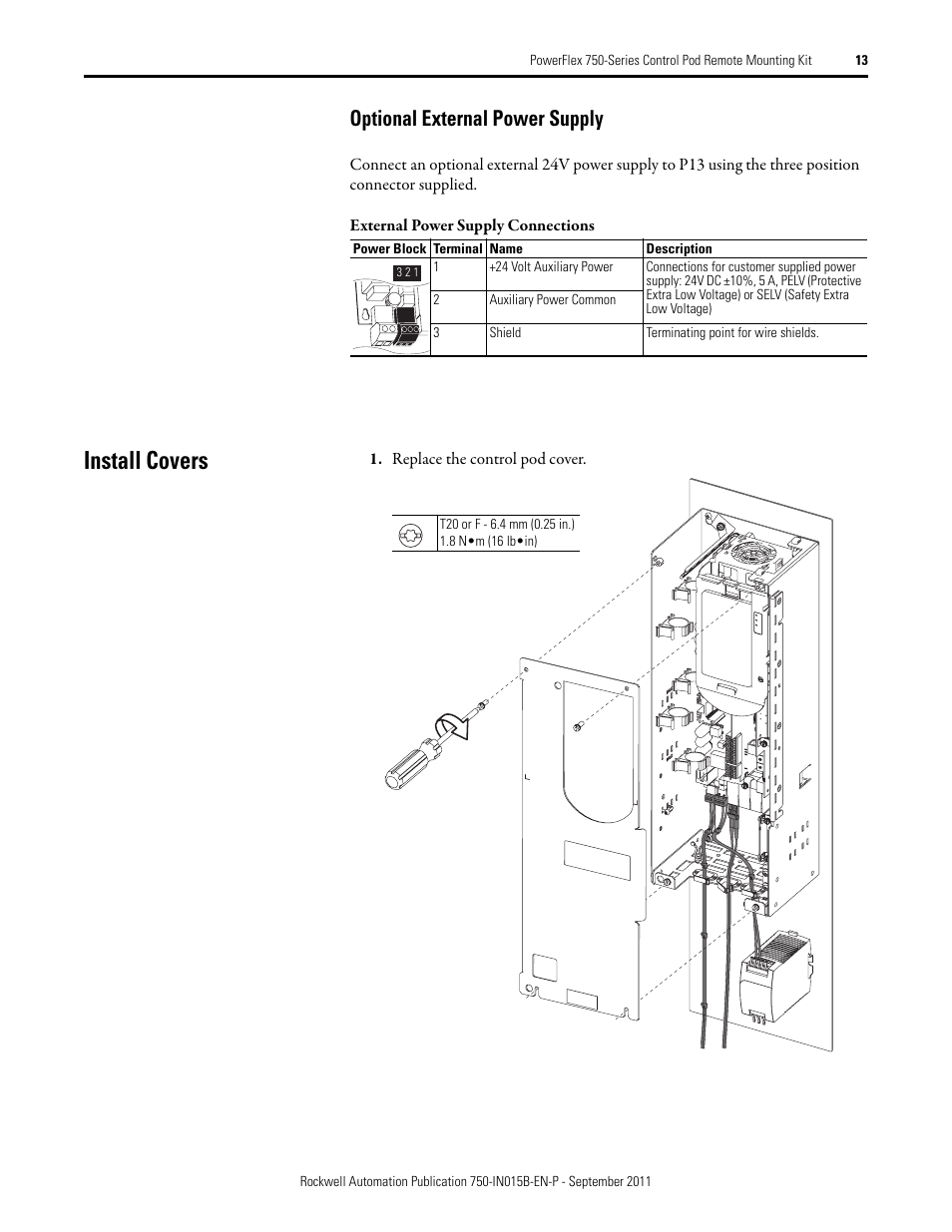 Optional external power supply, Install covers, Refer to | Rockwell Automation 21G 750-Series POD Remote Mounting Kit User Manual | Page 13 / 16