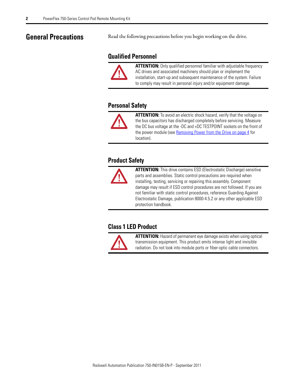 General precautions, Qualified personnel, Personal safety | Product safety, Class 1 led product | Rockwell Automation 21G 750-Series POD Remote Mounting Kit User Manual | Page 2 / 16