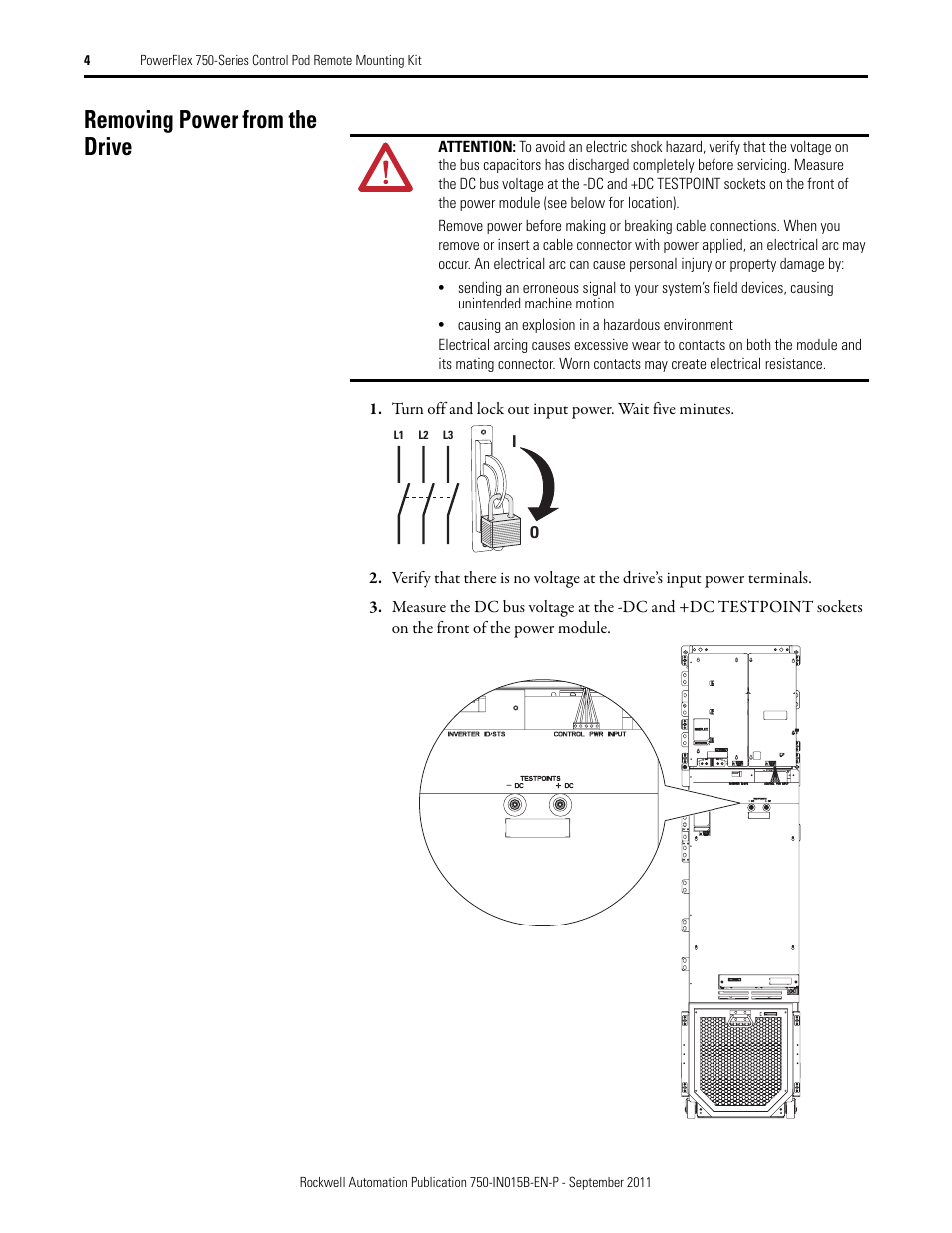 Removing power from the drive | Rockwell Automation 21G 750-Series POD Remote Mounting Kit User Manual | Page 4 / 16