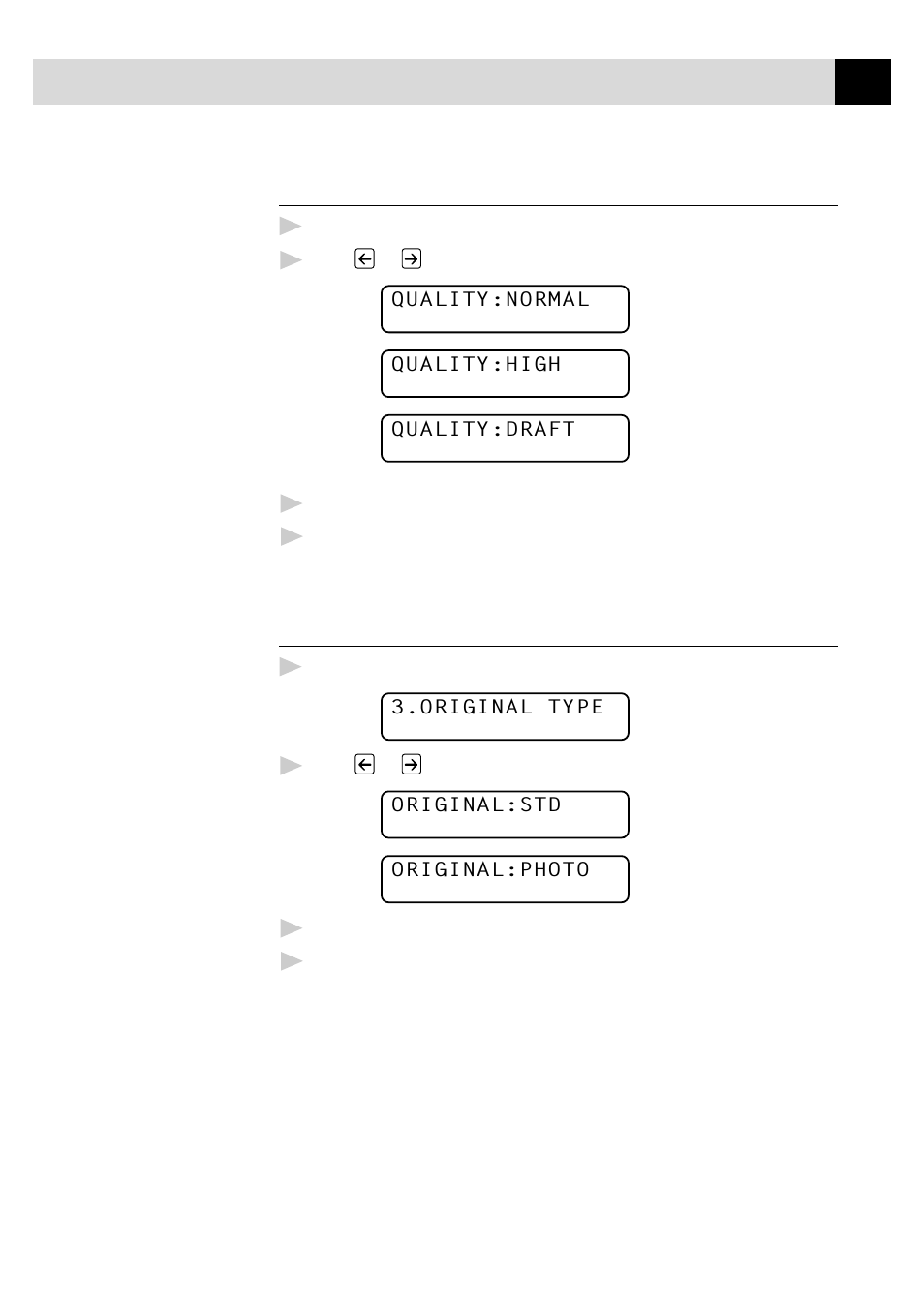 Select copy quality, Select type of original | Brother MFC-730 User Manual | Page 107 / 218