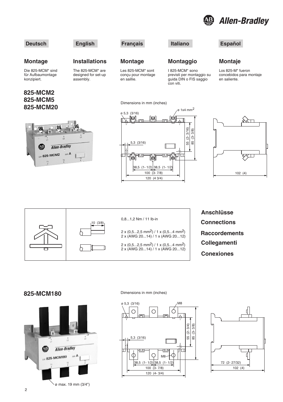 Montage, Montaje, Installations | Montaggio, Deutsch english français italiano español | Rockwell Automation 825 Current Monitoring Modules User Manual | Page 2 / 5
