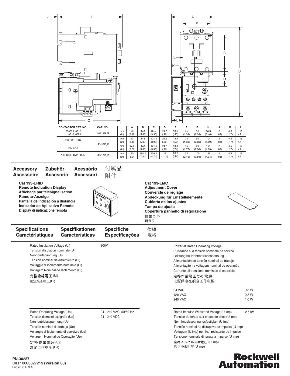 Specifiche especificações, Accessory accessoire zubehör accesorio acessório, Accessori | Rockwell Automation 193-ERR E1 PLUS Remote Reset Accessory Module User Manual | Page 8 / 8