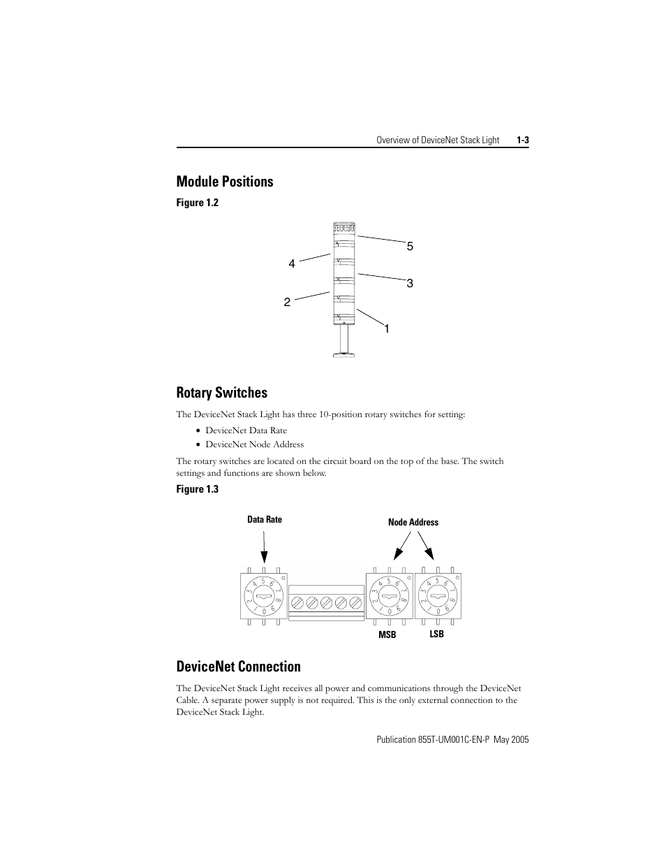 Module positions, Rotary switches, Devicenet connection | Rockwell Automation 855T DeviceNet Stack Light User Manual User Manual | Page 11 / 72