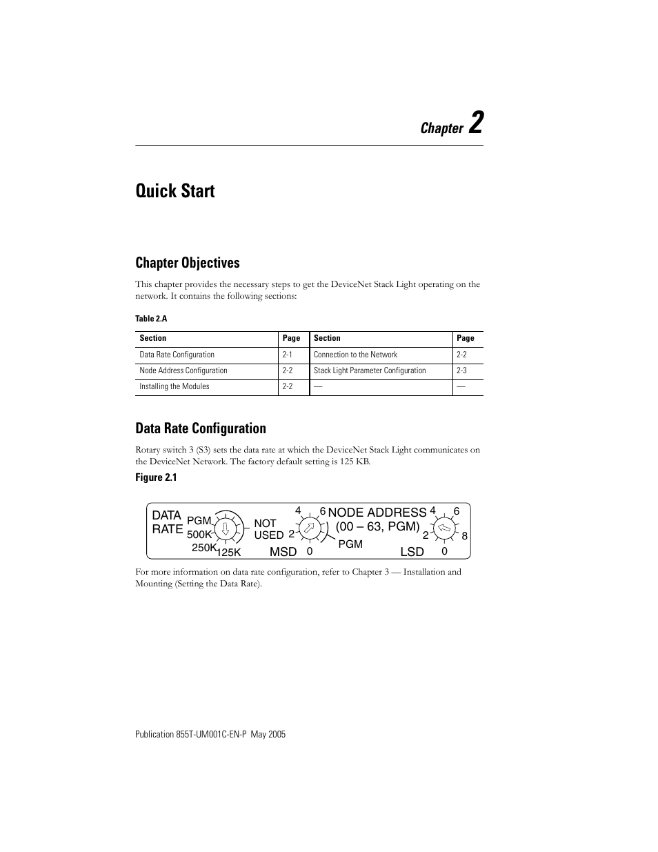 Quick start, Chapter, Chapter objectives | Data rate configuration | Rockwell Automation 855T DeviceNet Stack Light User Manual User Manual | Page 14 / 72