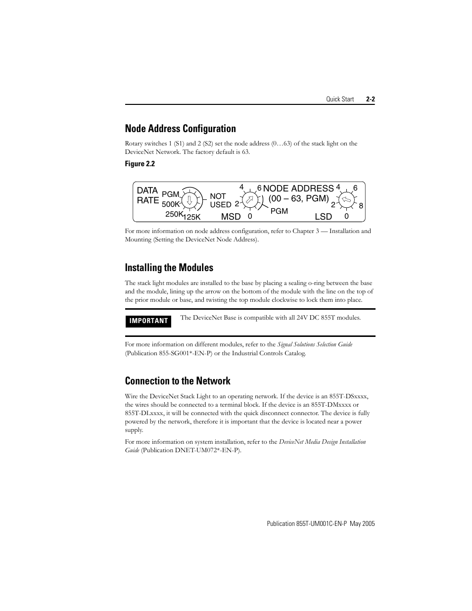Node address configuration, Installing the modules, Connection to the network | Rockwell Automation 855T DeviceNet Stack Light User Manual User Manual | Page 15 / 72