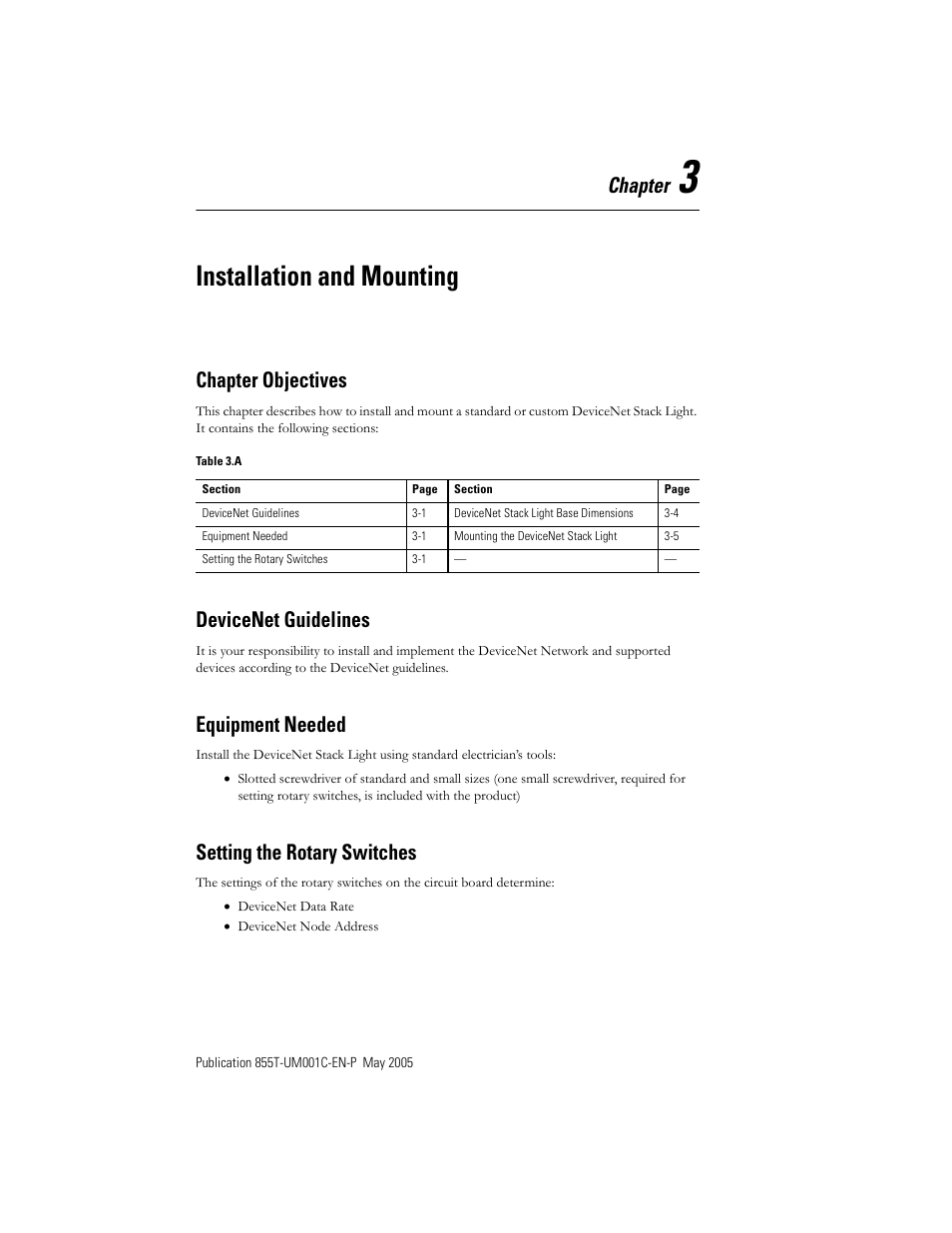 Installation and mounting, Chapter, Chapter objectives | Devicenet guidelines, Equipment needed, Setting the rotary switches | Rockwell Automation 855T DeviceNet Stack Light User Manual User Manual | Page 26 / 72