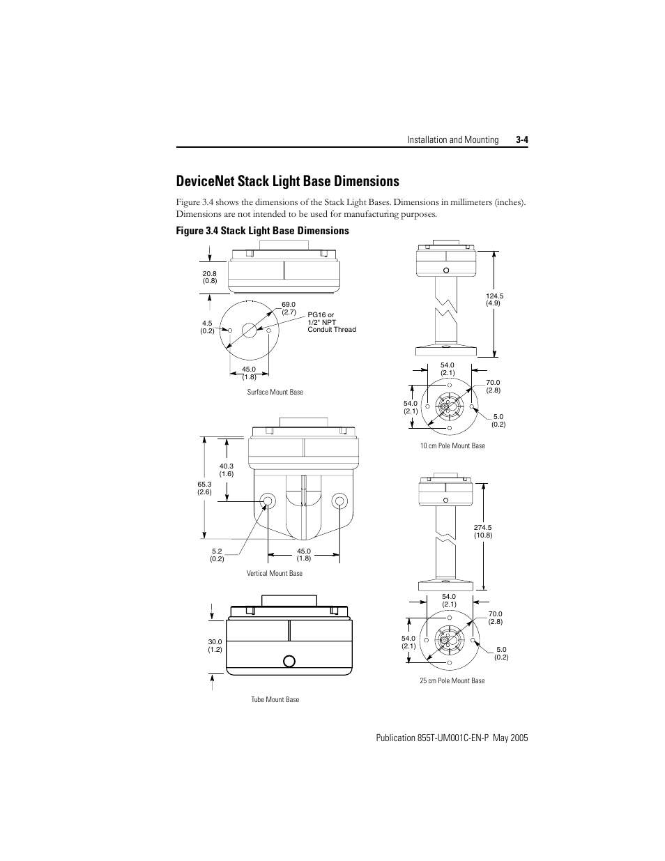 Devicenet stack light base dimensions, Figure 3.4 stack light base dimensions | Rockwell Automation 855T DeviceNet Stack Light User Manual User Manual | Page 29 / 72