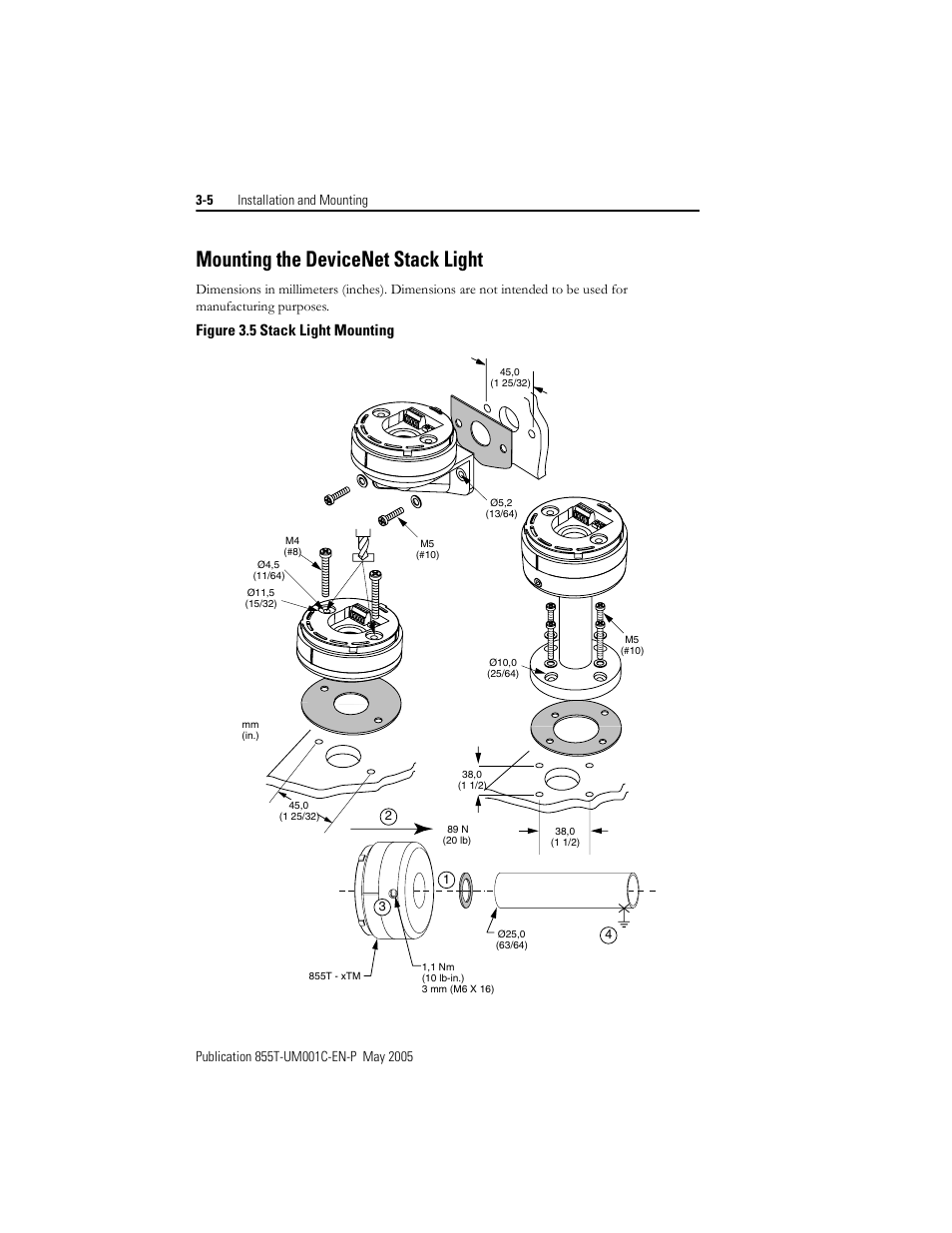 Mounting the devicenet stack light, Figure 3.5 stack light mounting | Rockwell Automation 855T DeviceNet Stack Light User Manual User Manual | Page 30 / 72