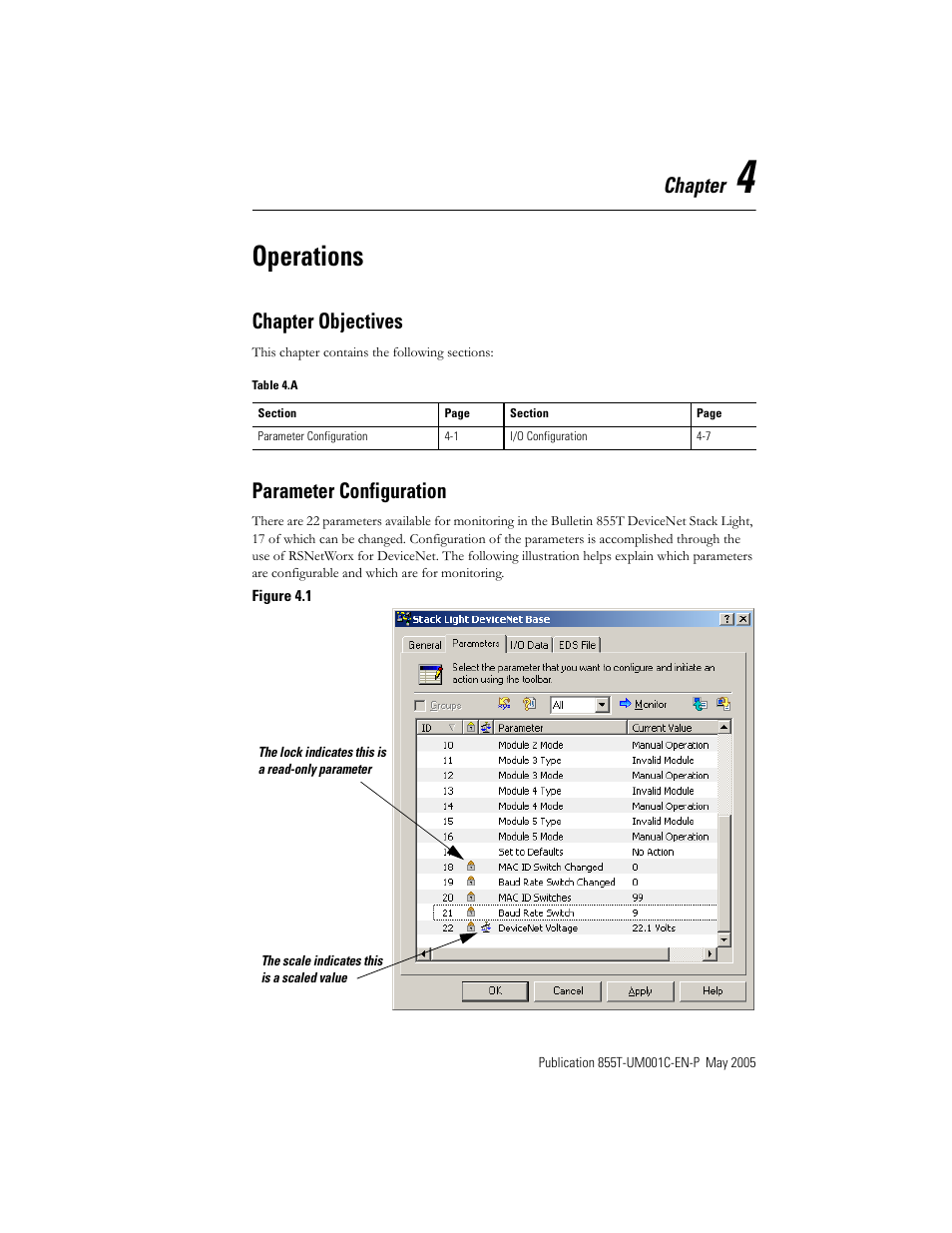 Operations, Chapter, Chapter objectives | Parameter configuration | Rockwell Automation 855T DeviceNet Stack Light User Manual User Manual | Page 31 / 72