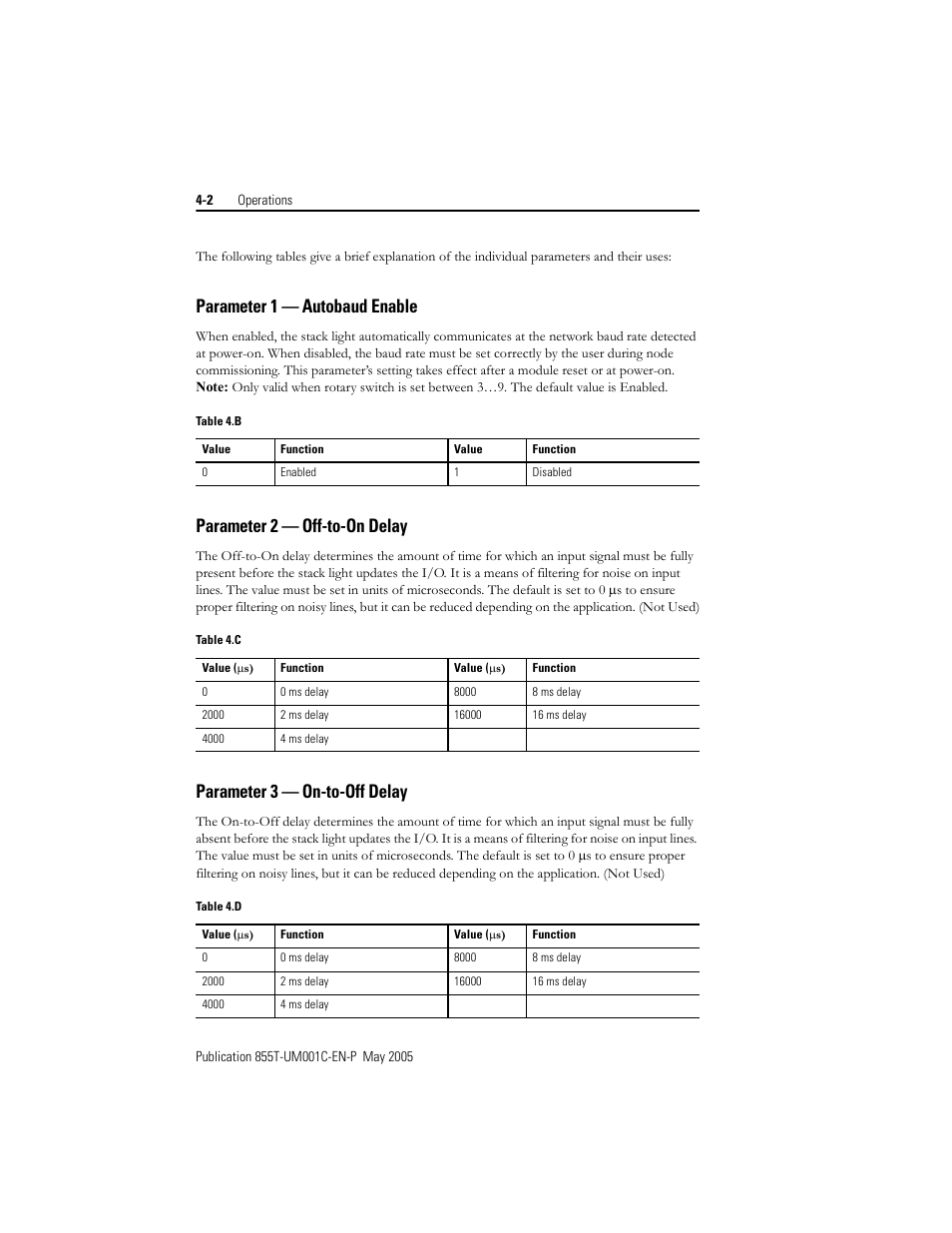 Parameter 1 — autobaud enable, Parameter 2 — off-to-on delay, Parameter 3 — on-to-off delay | Rockwell Automation 855T DeviceNet Stack Light User Manual User Manual | Page 32 / 72