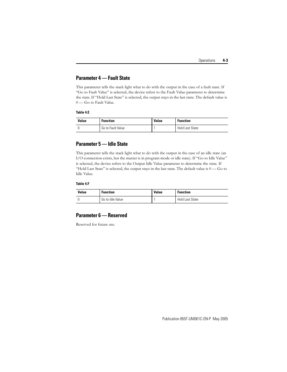 Parameter 4 — fault state, Parameter 5 — idle state, Parameter 6 — reserved | Rockwell Automation 855T DeviceNet Stack Light User Manual User Manual | Page 33 / 72