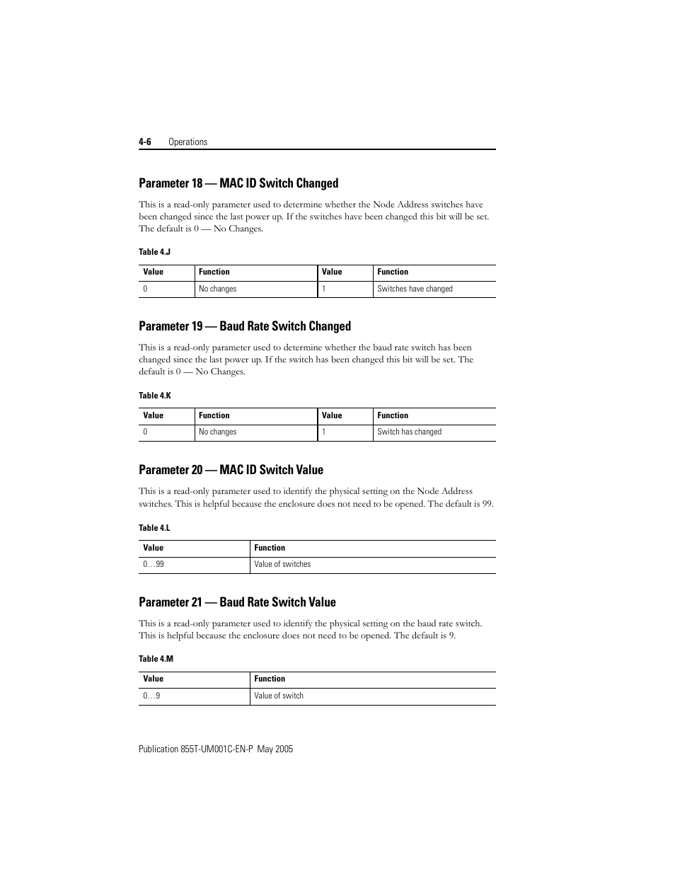 Parameter 18 — mac id switch changed, Parameter 19 — baud rate switch changed, Parameter 20 — mac id switch value | Parameter 21 — baud rate switch value | Rockwell Automation 855T DeviceNet Stack Light User Manual User Manual | Page 36 / 72