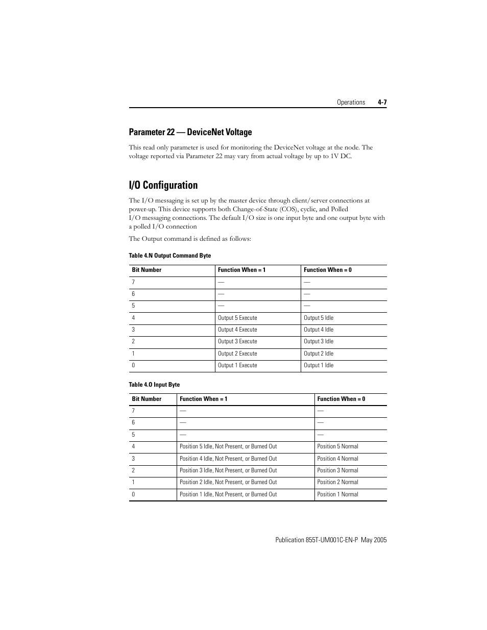 I/o configuration, Parameter 22 — devicenet voltage | Rockwell Automation 855T DeviceNet Stack Light User Manual User Manual | Page 37 / 72