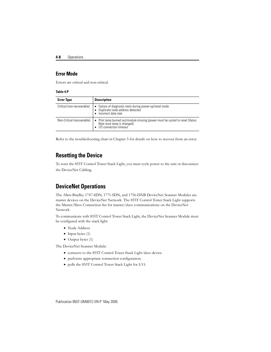 Resetting the device, Devicenet operations, Error mode | Rockwell Automation 855T DeviceNet Stack Light User Manual User Manual | Page 38 / 72