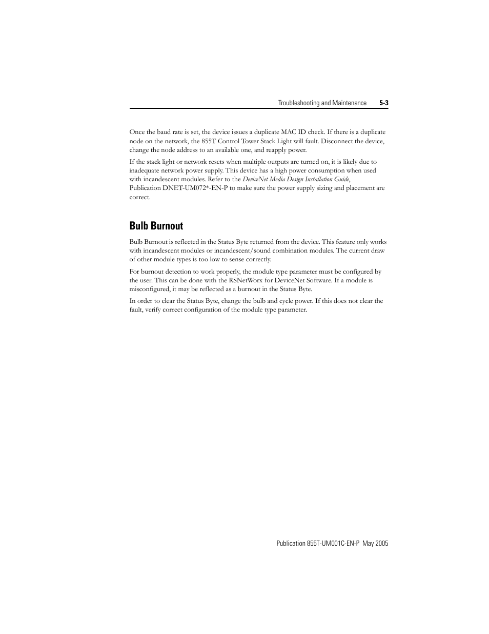 Bulb burnout | Rockwell Automation 855T DeviceNet Stack Light User Manual User Manual | Page 41 / 72