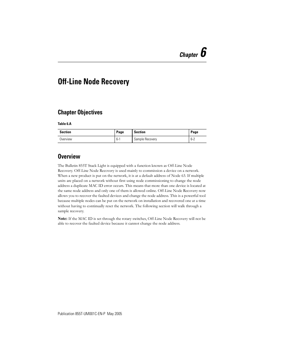 Off-line node recovery, Chapter, Chapter objectives overview | Rockwell Automation 855T DeviceNet Stack Light User Manual User Manual | Page 42 / 72