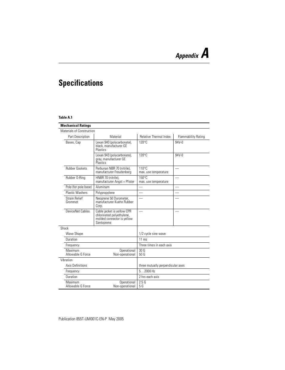 Specifications, Appendix | Rockwell Automation 855T DeviceNet Stack Light User Manual User Manual | Page 48 / 72