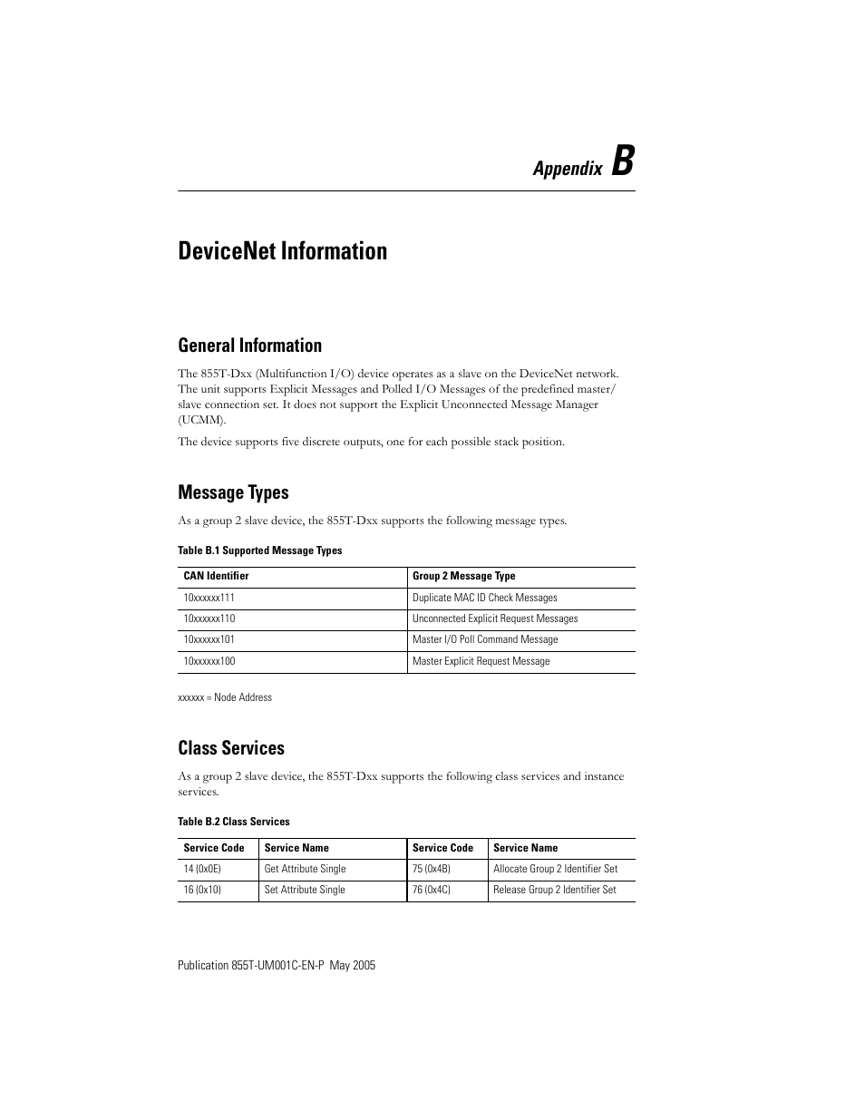 Devicenet information, Appendix, General information | Message types, Class services | Rockwell Automation 855T DeviceNet Stack Light User Manual User Manual | Page 50 / 72